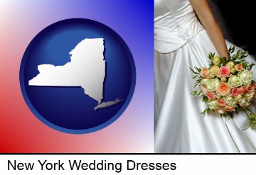 a bride, wearing a white wedding dress and holding a beautiful bridal bouquet in New York, NY