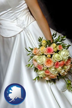 a bride, wearing a white wedding dress and holding a beautiful bridal bouquet - with Alaska icon