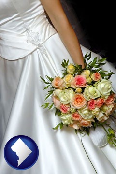 a bride, wearing a white wedding dress and holding a beautiful bridal bouquet - with Washington, DC icon