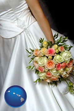 a bride, wearing a white wedding dress and holding a beautiful bridal bouquet - with Hawaii icon