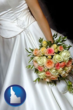 a bride, wearing a white wedding dress and holding a beautiful bridal bouquet - with Idaho icon