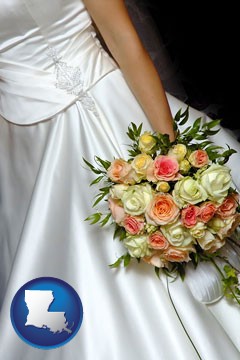 a bride, wearing a white wedding dress and holding a beautiful bridal bouquet - with Louisiana icon