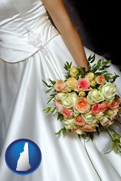 a bride, wearing a white wedding dress and holding a beautiful bridal bouquet - with New Hampshire icon