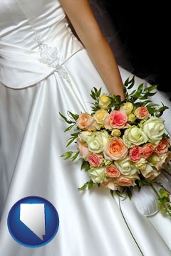 a bride, wearing a white wedding dress and holding a beautiful bridal bouquet - with Nevada icon