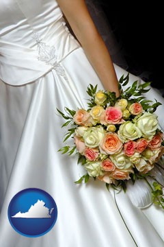 a bride, wearing a white wedding dress and holding a beautiful bridal bouquet - with Virginia icon
