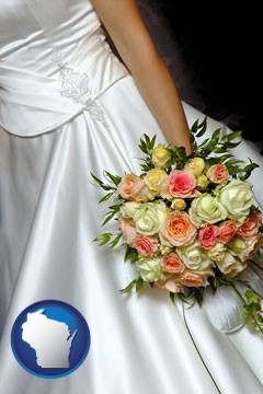 a bride, wearing a white wedding dress and holding a beautiful bridal bouquet - with Wisconsin icon