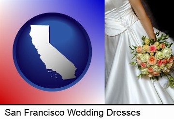 a bride, wearing a white wedding dress and holding a beautiful bridal bouquet in San Francisco, CA